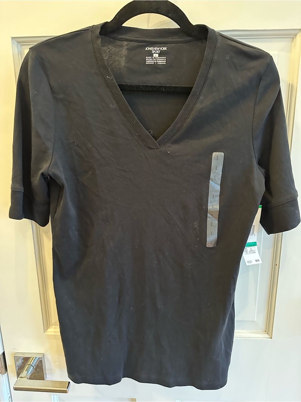 Jones New York Black V-Neck Short Sleeve Tee with Subtle Chest Trim